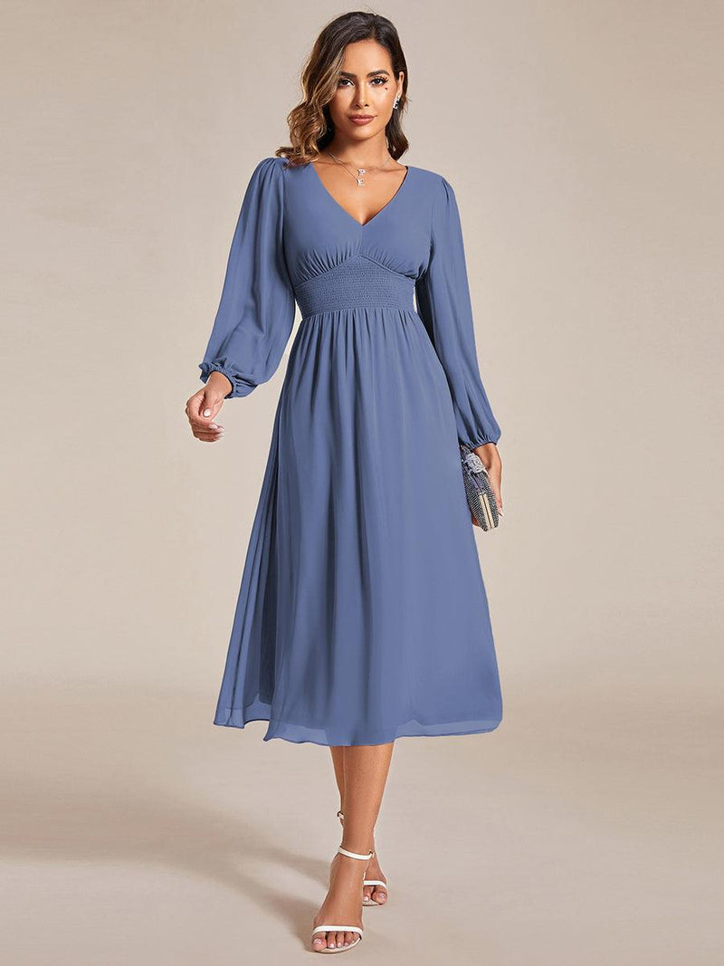 ever AMARA|Chiffon V-Neck Long Sleeves Elastic Band Midi Wedding Guest Dress