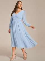 ever AMARA|Chiffon V-Neck Long Sleeves Elastic Band Midi Wedding Guest Dress