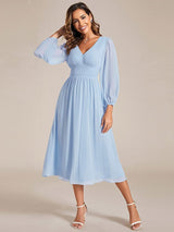 ever AMARA|Chiffon V-Neck Long Sleeves Elastic Band Midi Wedding Guest Dress