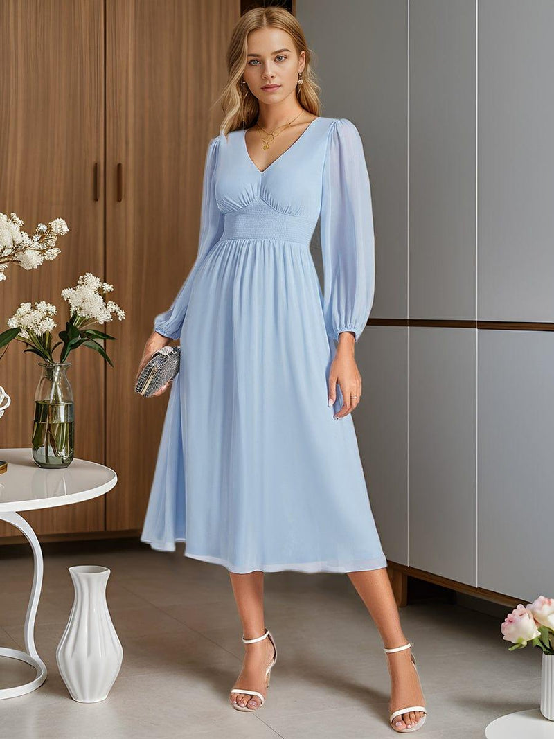 ever AMARA|Chiffon V-Neck Long Sleeves Elastic Band Midi Wedding Guest Dress