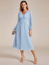 ever AMARA|Chiffon V-Neck Long Sleeves Elastic Band Midi Wedding Guest Dress