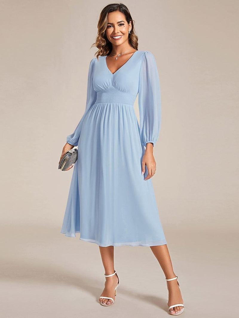 ever AMARA|Chiffon V-Neck Long Sleeves Elastic Band Midi Wedding Guest Dress