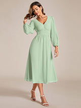 ever AMARA|Chiffon V-Neck Long Sleeves Elastic Band Midi Wedding Guest Dress