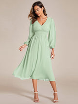 ever AMARA|Chiffon V-Neck Long Sleeves Elastic Band Midi Wedding Guest Dress