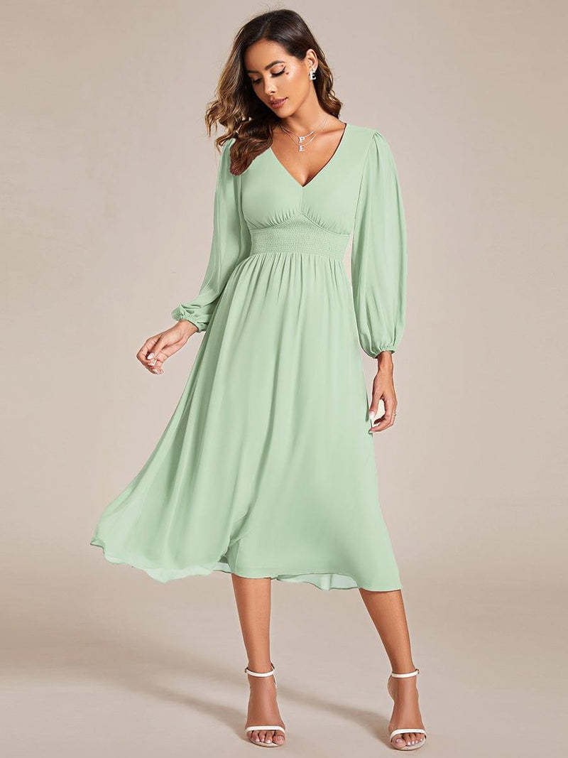 ever AMARA|Chiffon V-Neck Long Sleeves Elastic Band Midi Wedding Guest Dress