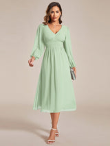 ever AMARA|Chiffon V-Neck Long Sleeves Elastic Band Midi Wedding Guest Dress