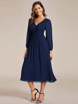 ever AMARA|Chiffon V-Neck Long Sleeves Elastic Band Midi Wedding Guest Dress