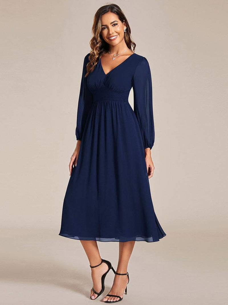 ever AMARA|Chiffon V-Neck Long Sleeves Elastic Band Midi Wedding Guest Dress