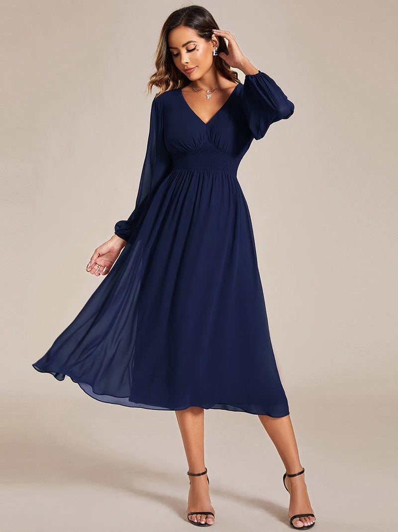 ever AMARA|Chiffon V-Neck Long Sleeves Elastic Band Midi Wedding Guest Dress