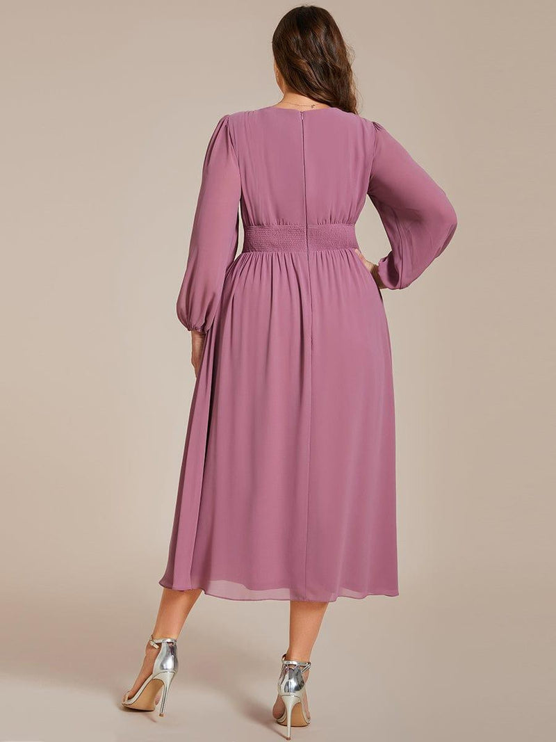 ever AMARA|Chiffon V-Neck Long Sleeves Elastic Band Midi Wedding Guest Dress
