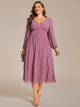 pretty AMARA|Plus Size Flowy Long Sleeves V-Neck Midi Chiffon Wedding Guest Dress