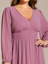 ever AMARA|Chiffon V-Neck Long Sleeves Elastic Band Midi Wedding Guest Dress