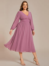 ever AMARA|Chiffon V-Neck Long Sleeves Elastic Band Midi Wedding Guest Dress