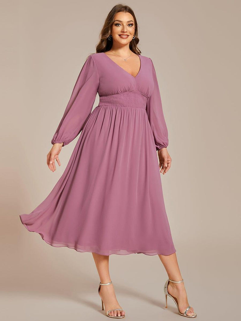 ever AMARA|Chiffon V-Neck Long Sleeves Elastic Band Midi Wedding Guest Dress