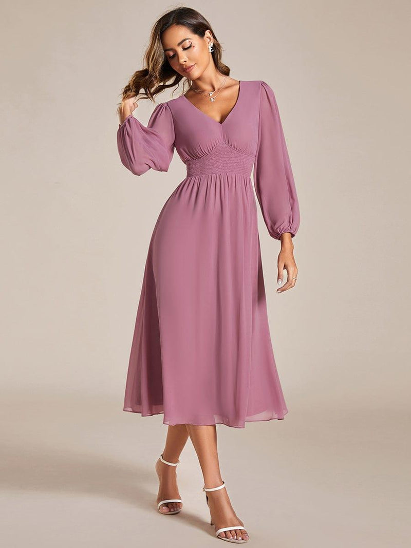 ever AMARA|Chiffon V-Neck Long Sleeves Elastic Band Midi Wedding Guest Dress