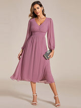 ever AMARA|Chiffon V-Neck Long Sleeves Elastic Band Midi Wedding Guest Dress