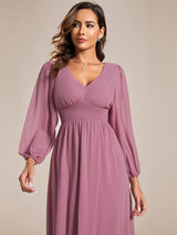 ever AMARA|Chiffon V-Neck Long Sleeves Elastic Band Midi Wedding Guest Dress
