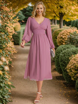 ever AMARA|Chiffon V-Neck Long Sleeves Elastic Band Midi Wedding Guest Dress