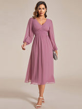 ever AMARA|Chiffon V-Neck Long Sleeves Elastic Band Midi Wedding Guest Dress