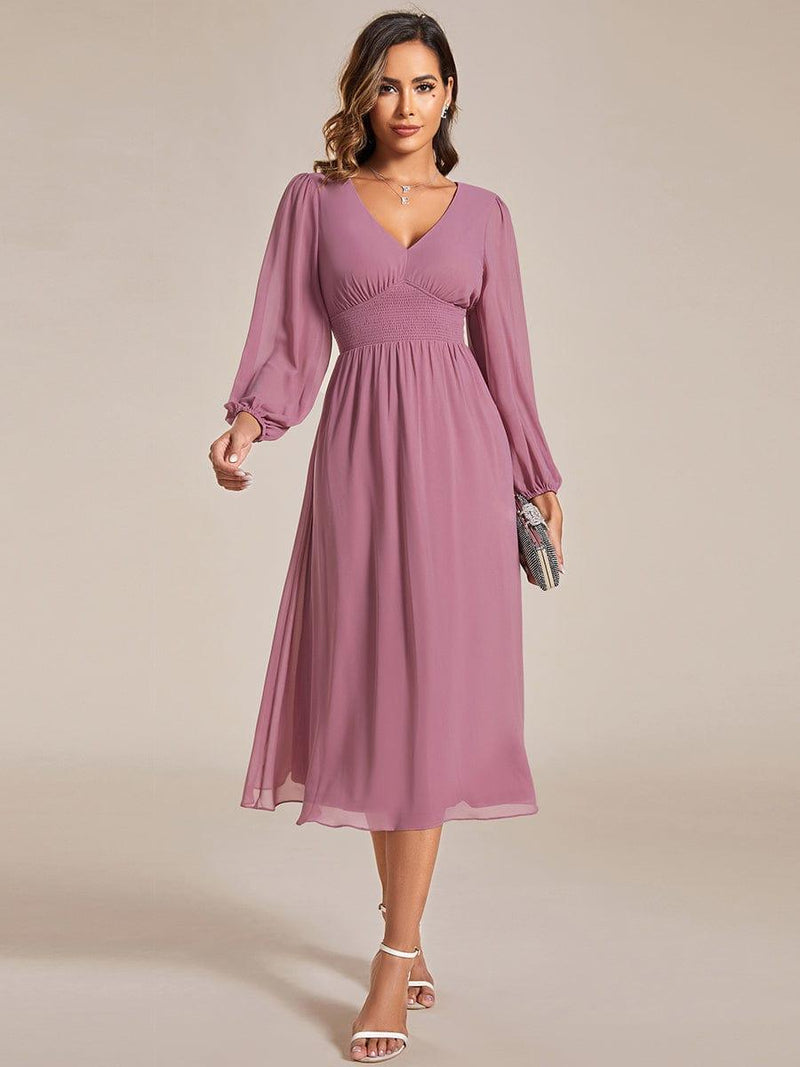 ever AMARA|Chiffon V-Neck Long Sleeves Elastic Band Midi Wedding Guest Dress