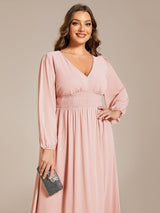 pretty AMARA|Plus Size Flowy Long Sleeves V-Neck Midi Chiffon Wedding Guest Dress