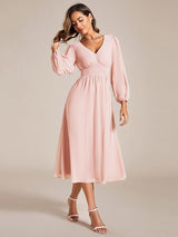 ever AMARA|Chiffon V-Neck Long Sleeves Elastic Band Midi Wedding Guest Dress