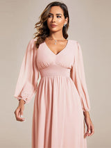 ever AMARA|Chiffon V-Neck Long Sleeves Elastic Band Midi Wedding Guest Dress