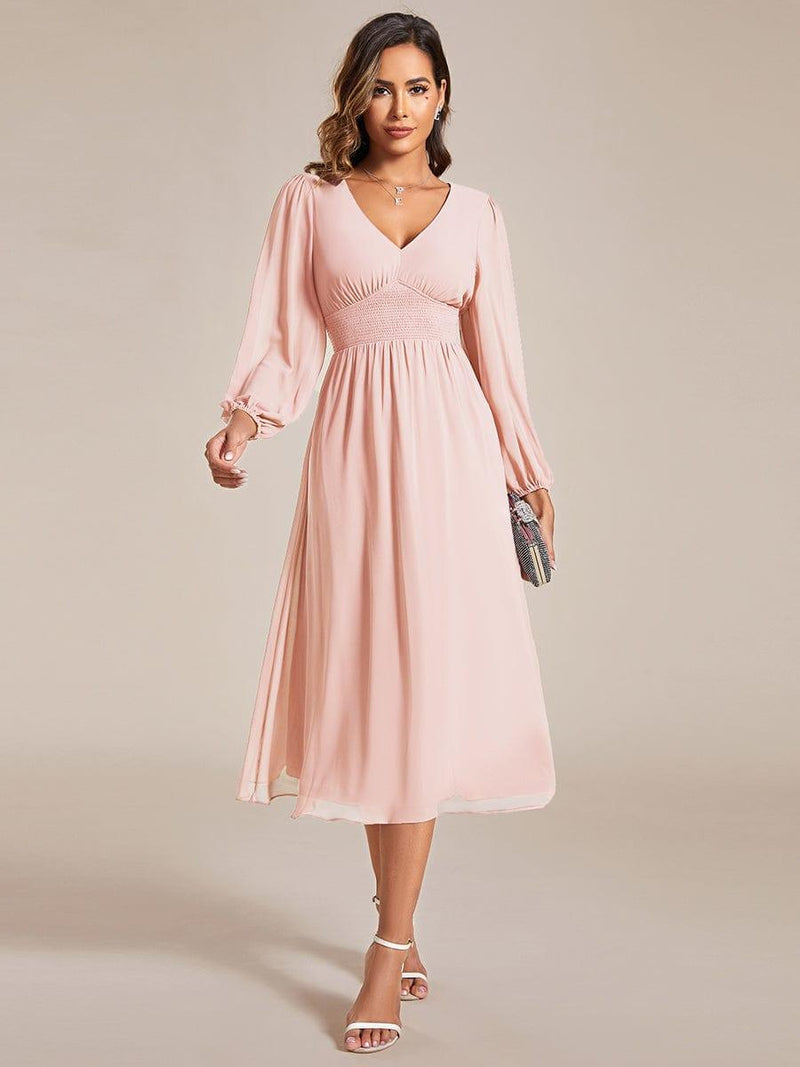 ever AMARA|Chiffon V-Neck Long Sleeves Elastic Band Midi Wedding Guest Dress