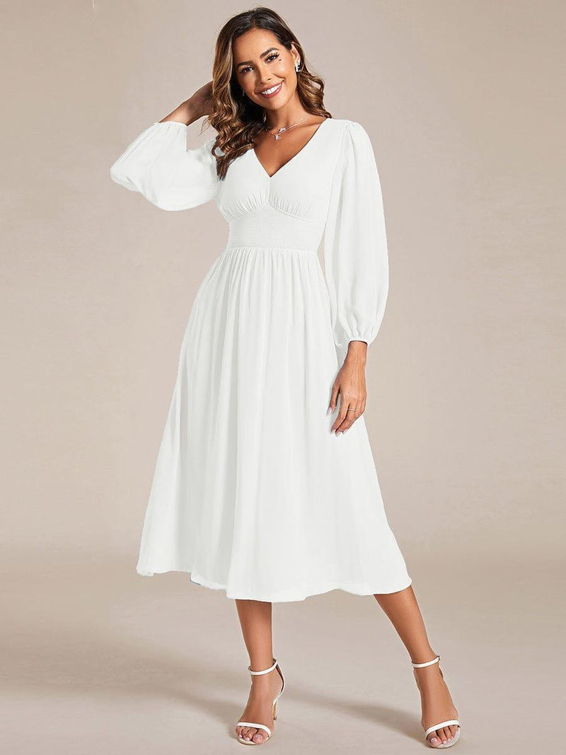ever AMARA|Chiffon V-Neck Long Sleeves Elastic Band Midi Wedding Guest Dress