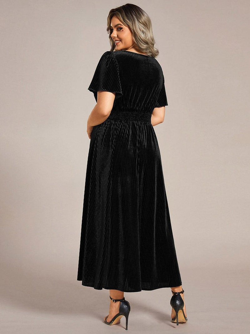 pretty AZALEA|Plus Size A-line V-Neck Short Sleeve Pleated Velvet Fall Wedding Guest Dress