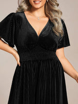 pretty AZALEA|Plus Size A-line V-Neck Short Sleeve Pleated Velvet Fall Wedding Guest Dress