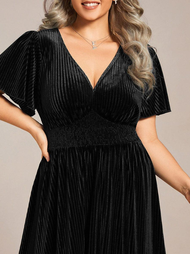 pretty AZALEA|Plus Size A-line V-Neck Short Sleeve Pleated Velvet Fall Wedding Guest Dress