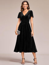 ever AZALEA|Graceful V-Neck Waist Design Short Sleeves Fall Velvet Midi Wedding Guest Dress
