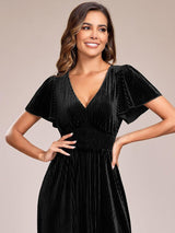 ever AZALEA|Graceful V-Neck Waist Design Short Sleeves Fall Velvet Midi Wedding Guest Dress