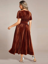 pretty AZALEA|Plus Size A-line V-Neck Short Sleeve Pleated Velvet Fall Wedding Guest Dress