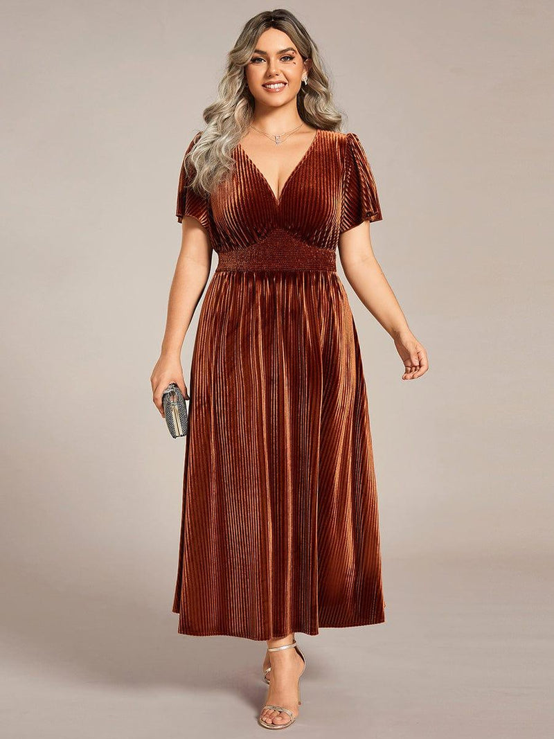 ever AZALEA|Graceful V-Neck Waist Design Short Sleeves Fall Velvet Midi Wedding Guest Dress