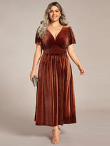 pretty AZALEA|Plus Size A-line V-Neck Short Sleeve Pleated Velvet Fall Wedding Guest Dress