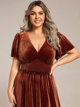 pretty AZALEA|Plus Size A-line V-Neck Short Sleeve Pleated Velvet Fall Wedding Guest Dress
