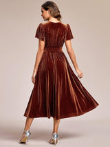 ever AZALEA|Graceful V-Neck Waist Design Short Sleeves Fall Velvet Midi Wedding Guest Dress
