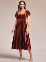 ever AZALEA|Graceful V-Neck Waist Design Short Sleeves Fall Velvet Midi Wedding Guest Dress
