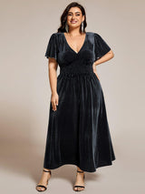 pretty AZALEA|Plus Size A-line V-Neck Short Sleeve Pleated Velvet Fall Wedding Guest Dress