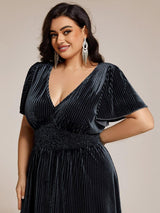 ever AZALEA|Graceful V-Neck Waist Design Short Sleeves Fall Velvet Midi Wedding Guest Dress