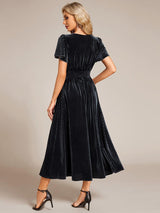 ever AZALEA|Graceful V-Neck Waist Design Short Sleeves Fall Velvet Midi Wedding Guest Dress