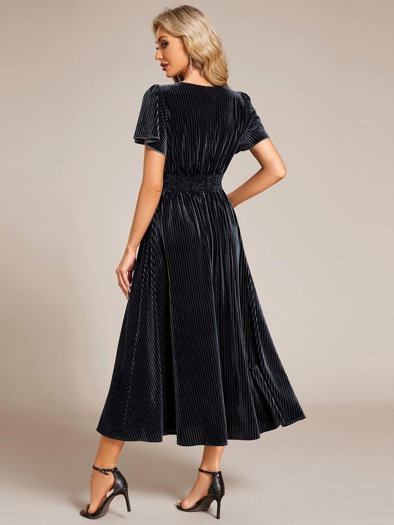 ever AZALEA|Graceful V-Neck Waist Design Short Sleeves Fall Velvet Midi Wedding Guest Dress