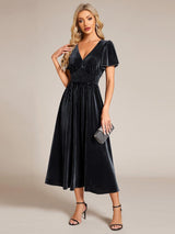 ever AZALEA|Graceful V-Neck Waist Design Short Sleeves Fall Velvet Midi Wedding Guest Dress