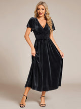 ever AZALEA|Graceful V-Neck Waist Design Short Sleeves Fall Velvet Midi Wedding Guest Dress