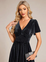 ever AZALEA|Graceful V-Neck Waist Design Short Sleeves Fall Velvet Midi Wedding Guest Dress