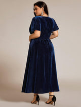 pretty AZALEA|Plus Size A-line V-Neck Short Sleeve Pleated Velvet Fall Wedding Guest Dress