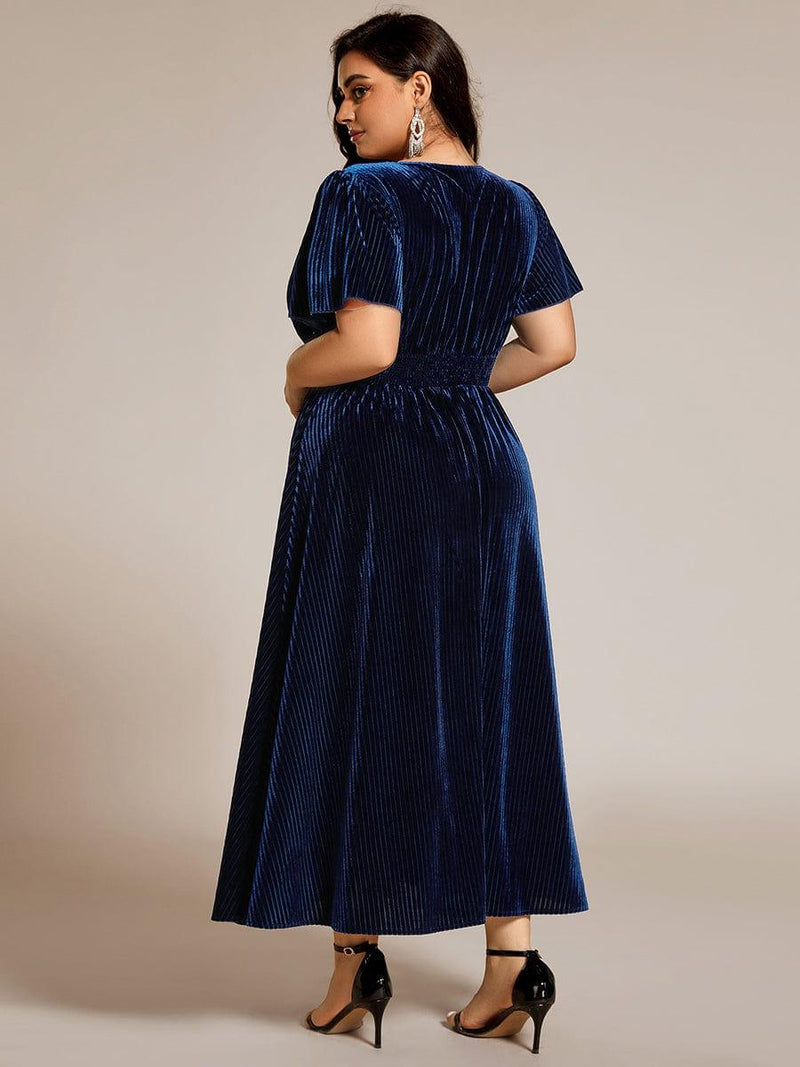 pretty AZALEA|Plus Size A-line V-Neck Short Sleeve Pleated Velvet Fall Wedding Guest Dress
