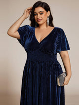 pretty AZALEA|Plus Size A-line V-Neck Short Sleeve Pleated Velvet Fall Wedding Guest Dress
